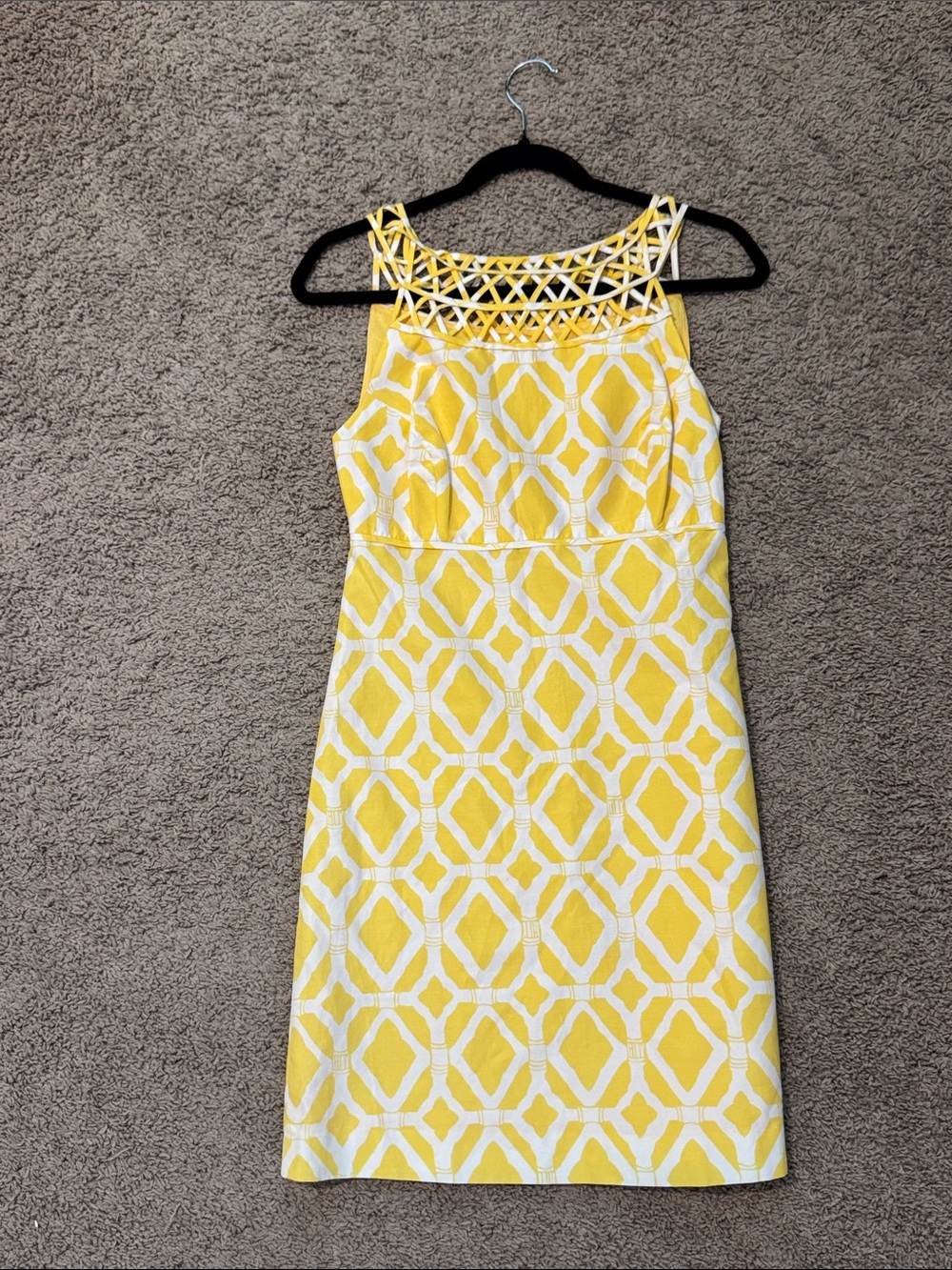 Lilly Pulitzer Yellow & White Geometric Midi Dress with Lattice Neck
